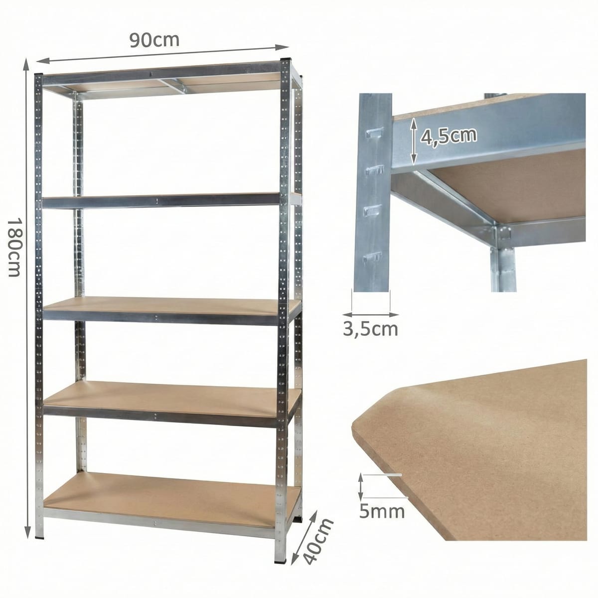 Raft metalic cu 5 polițe MDF, cadru din oțel galvanizat, 150×70×35 cm, 175 kg/poliță