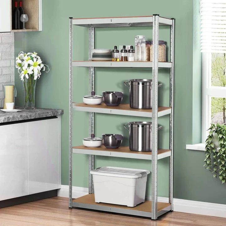 Raft metalic cu 5 polițe MDF, cadru din oțel galvanizat, 150×70×35 cm, 175 kg/poliță