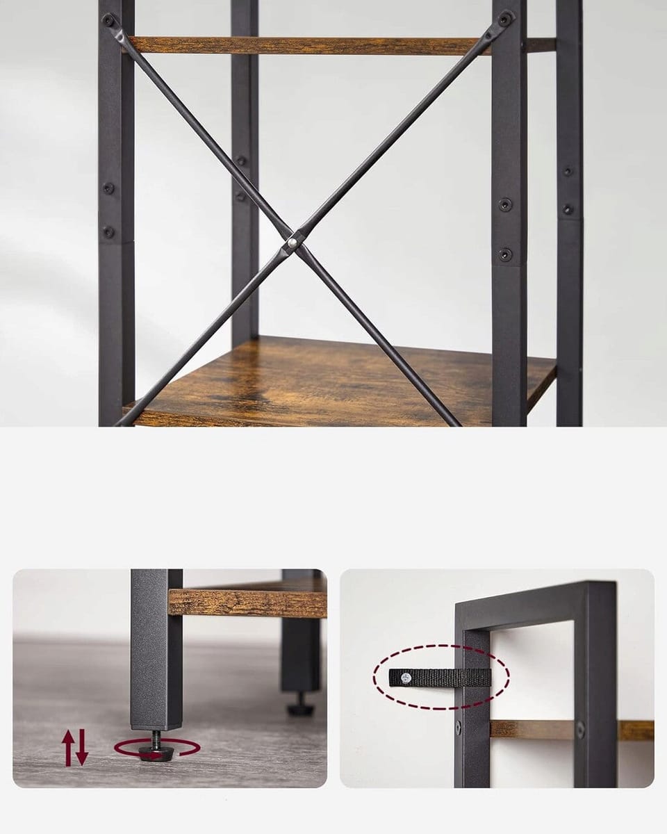 Raft tip biblioteca cu 6 etaje, cadru metalic si polite din lemn, 30x40x187 cm, stil industrial maro rustic-negru