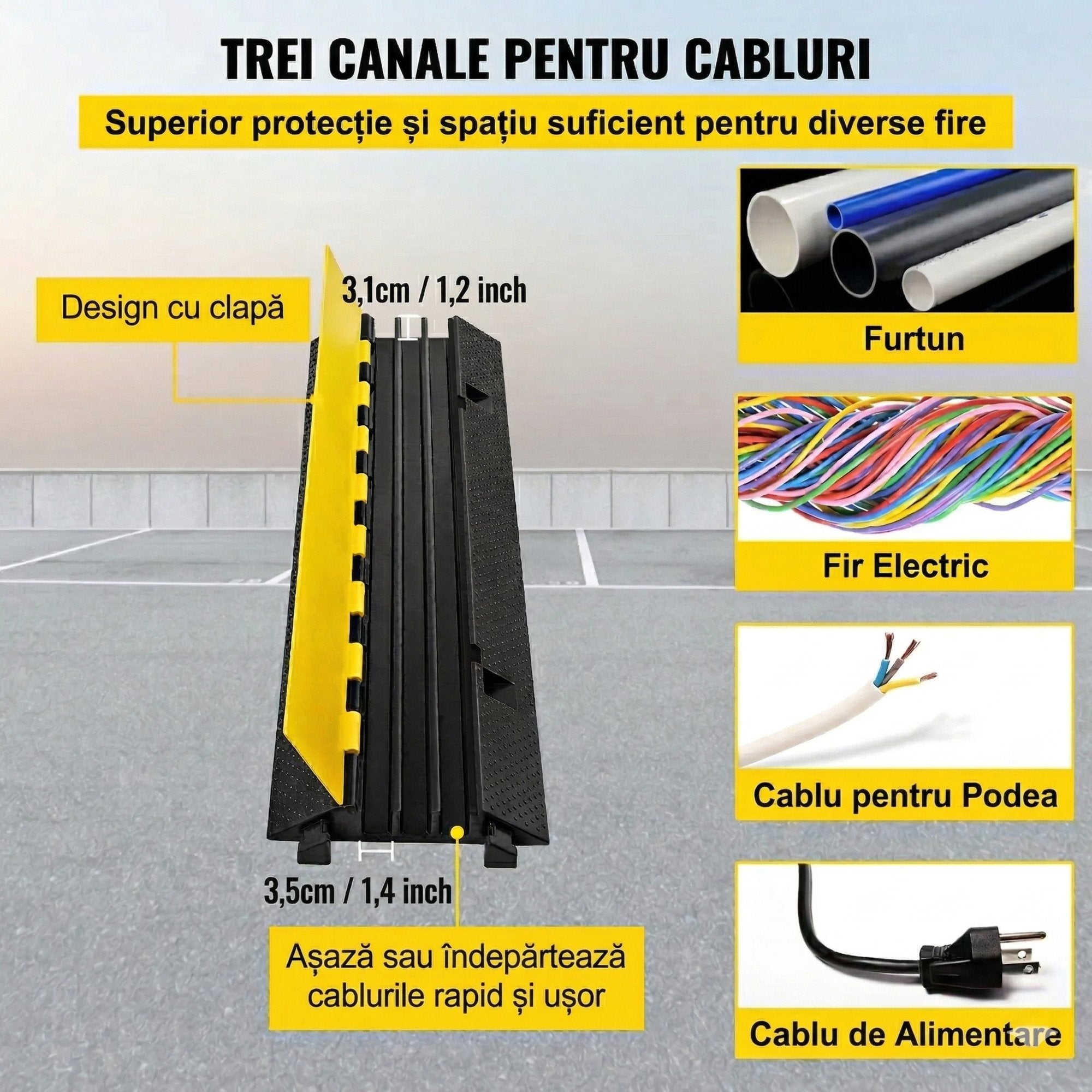 Rampa Protectie Cabluri cu 3 Canale – 103x30x5.5 cm, Capacitate 10 Tone