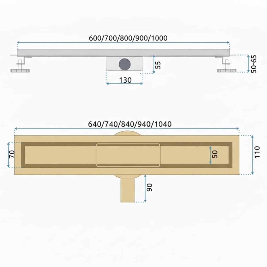 Rigola Dus Pro Brush Neox Gold 70 cm - Otel Inoxidabil, Design 2 în 1