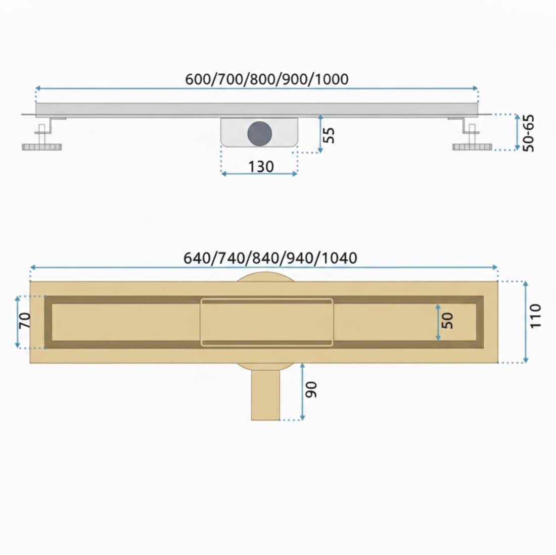 Rigola Dus Pro Brush Neox Gold 70 cm - Otel Inoxidabil, Design 2 în 1