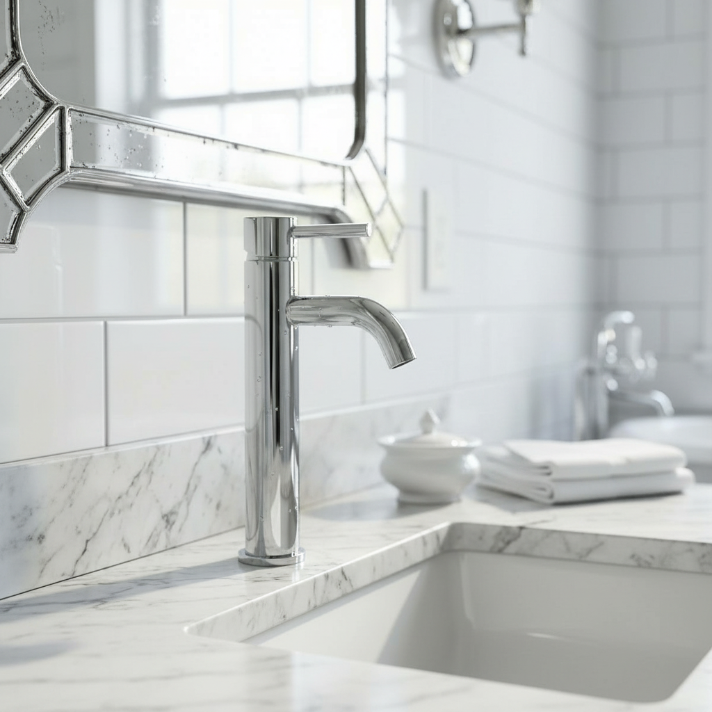 Robinet Lavoar Clasic cu Cap Ceramic, Montaj pe Blat finisaj Argintiu Metalizat