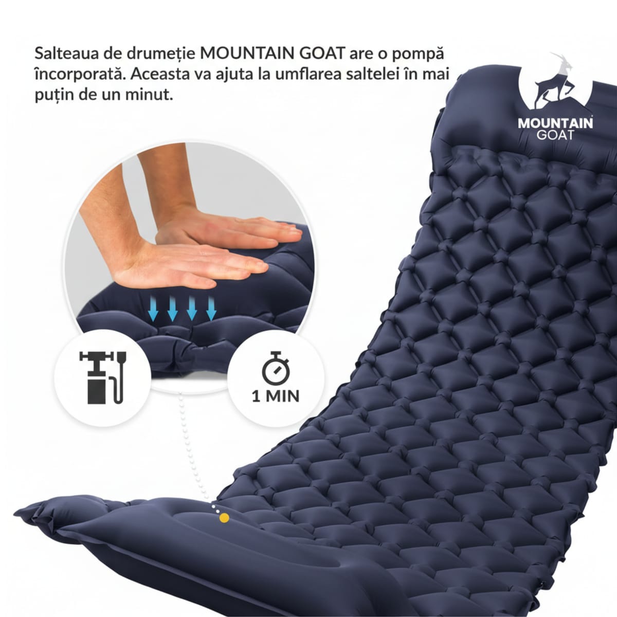 Saltea autogonflabila pentru camping, pompa incorporata, impermeabila, cu tetiera
