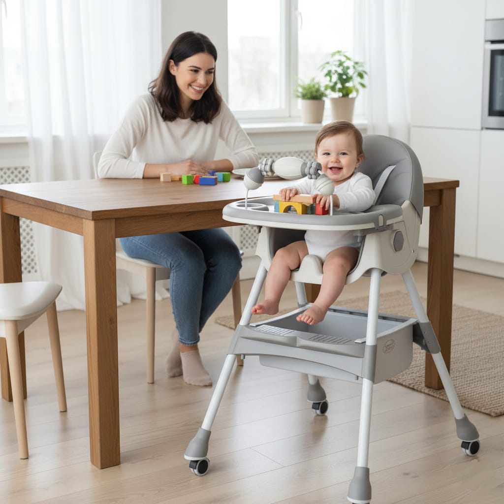 Scaun de masa 3 in 1 pentru bebelusi si copii, reglabil pe 3 niveluri, cu centura in 5 puncte si tavita detasabila, gri deschis