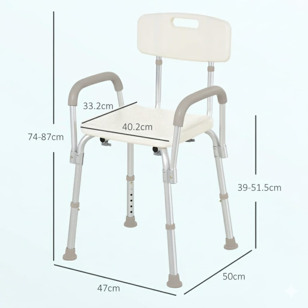 Scaun dus din aluminiu reglabil cu spatar si brate 47x50x74–87 cm – Alb