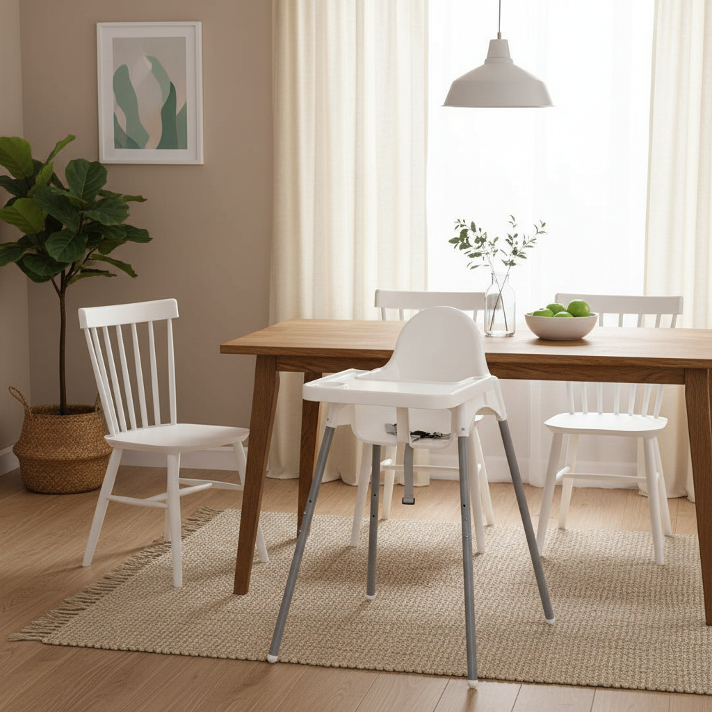 Scaun inaltator pentru bebelusi cu inaltime reglabila, tava detasabila si suport pentru pahare, alb