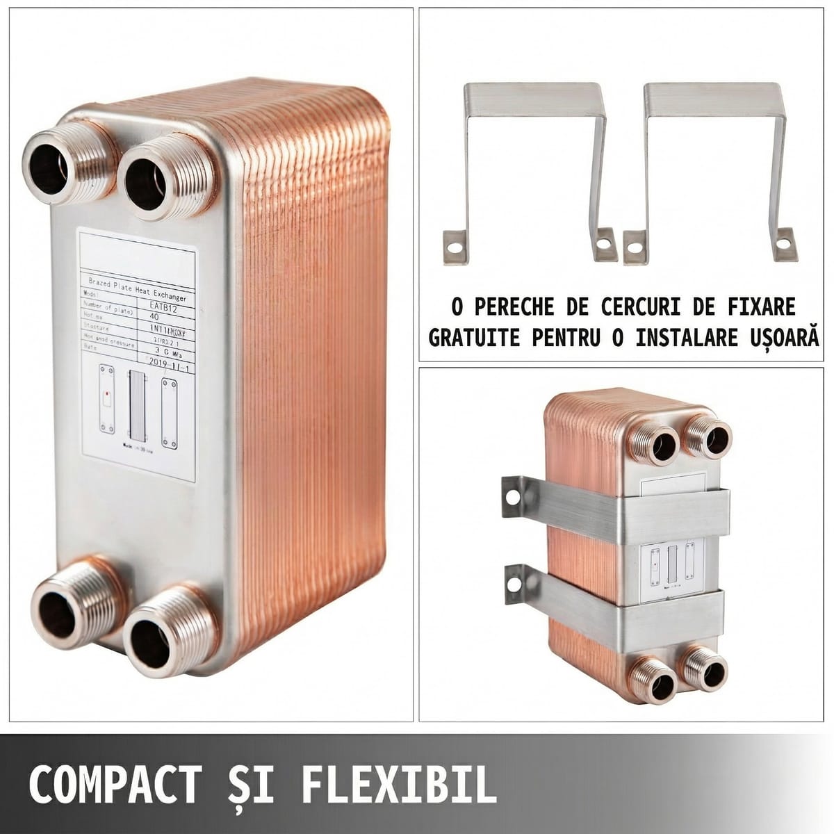 Schimbator de Caldura Placi Inox 316L, 40 Placi, Conexiuni 3/4” MNPT, Compact