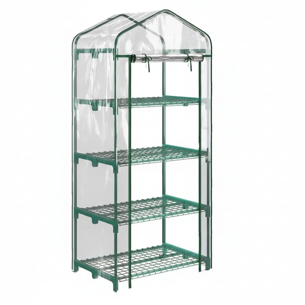 Sera verticala pentru plante cu rastel cu 4 rafturi, structura din otel si PVC alb, pentru balcon si terasa, 69x50x165 cm