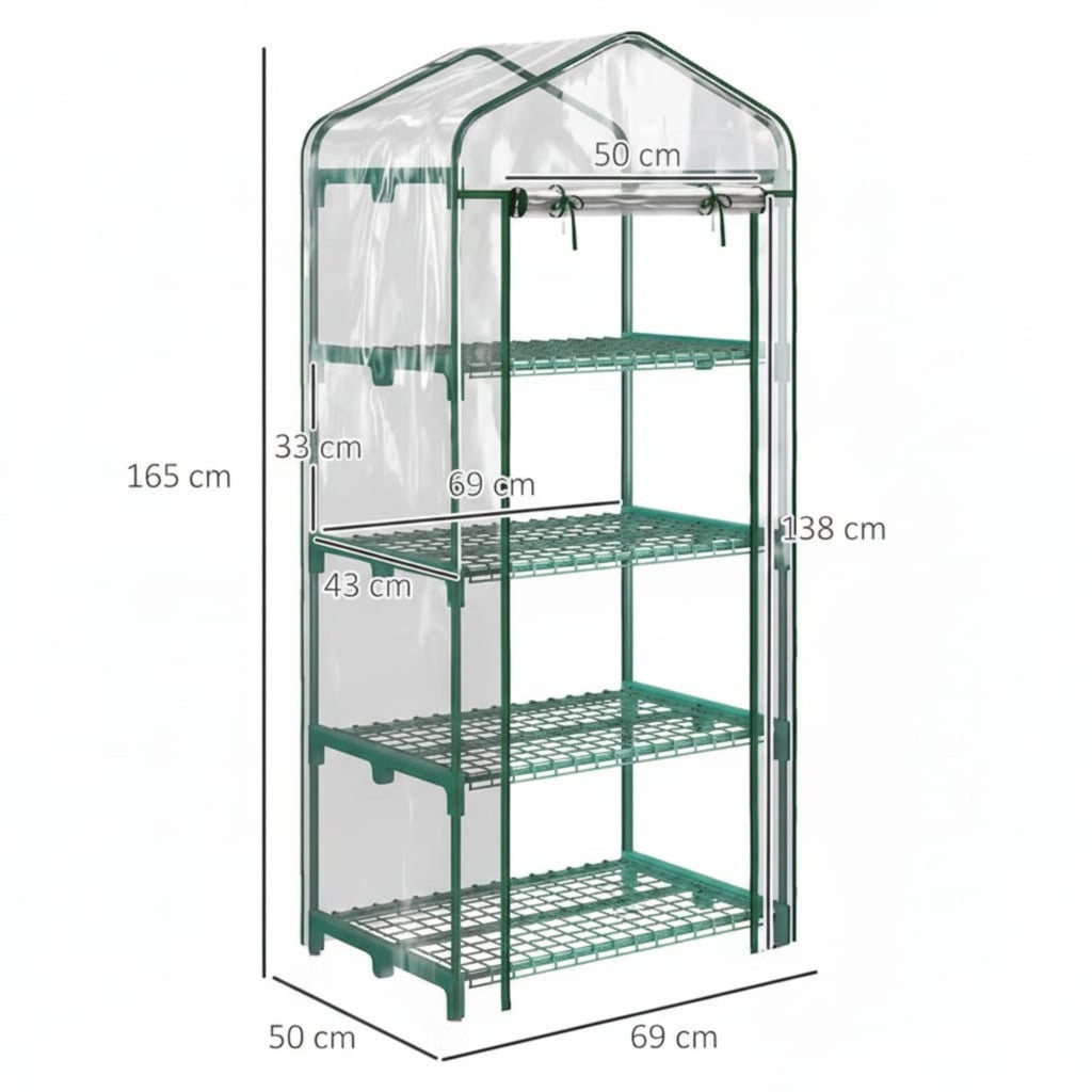 Sera verticala pentru plante cu rastel cu 4 rafturi, structura din otel si PVC alb, pentru balcon si terasa, 69x50x165 cm