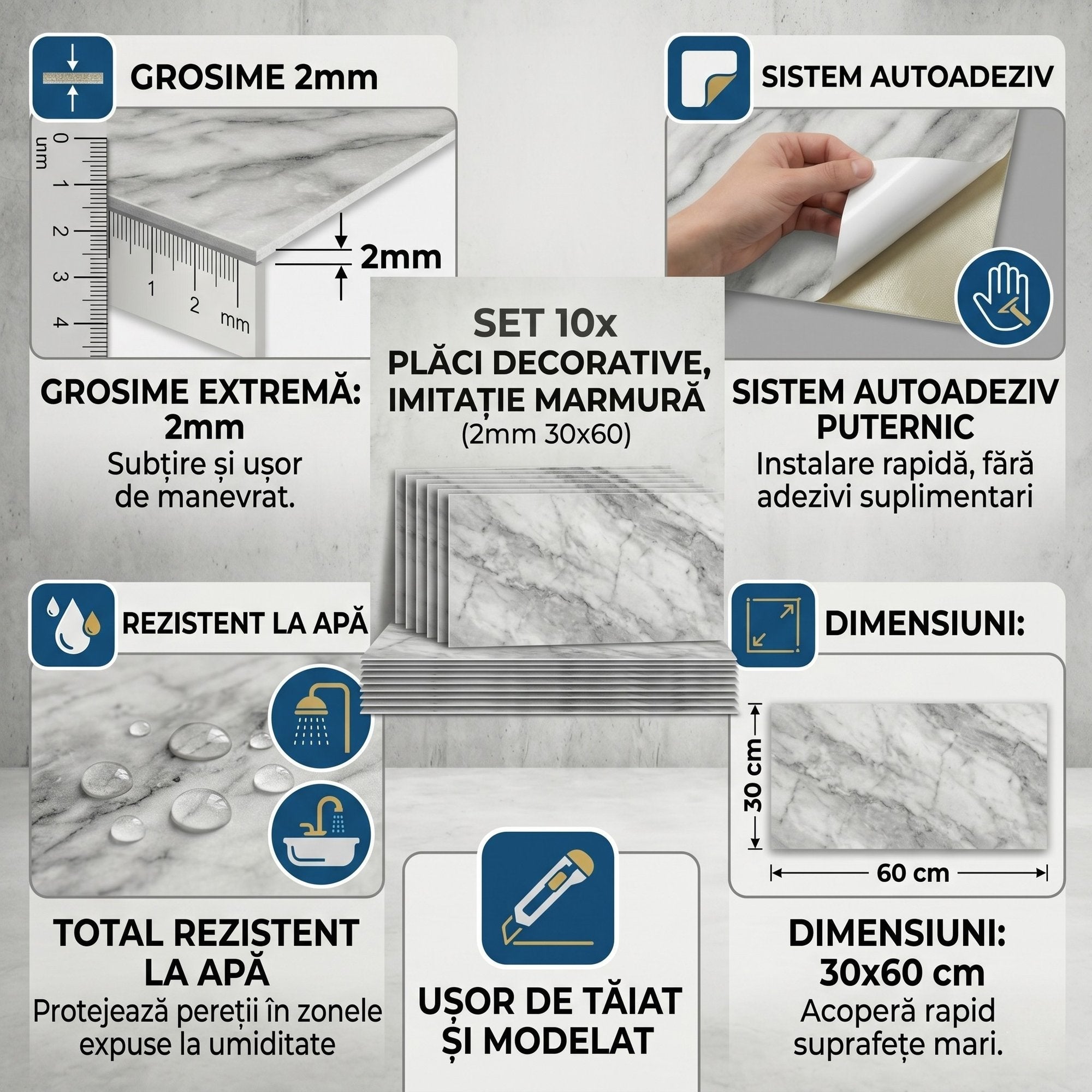 Set 10 Placi Autoadezive Imitatie Marmura pentru Baie si Bucatarie, 30x60 cm, 2mm