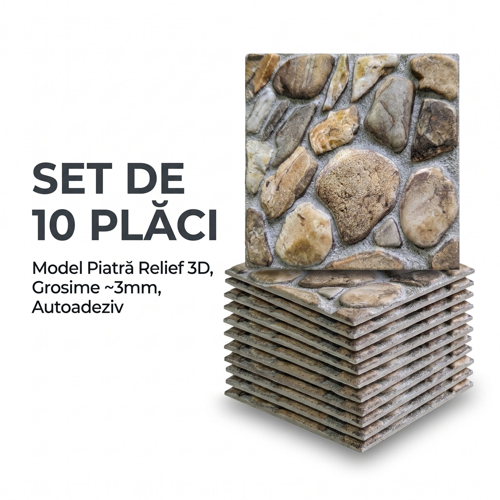 Set 10 Placi Decorative 3D Autoadezive, Imitatie Piatra Maro, 30x30 cm, Grosime 3 mm