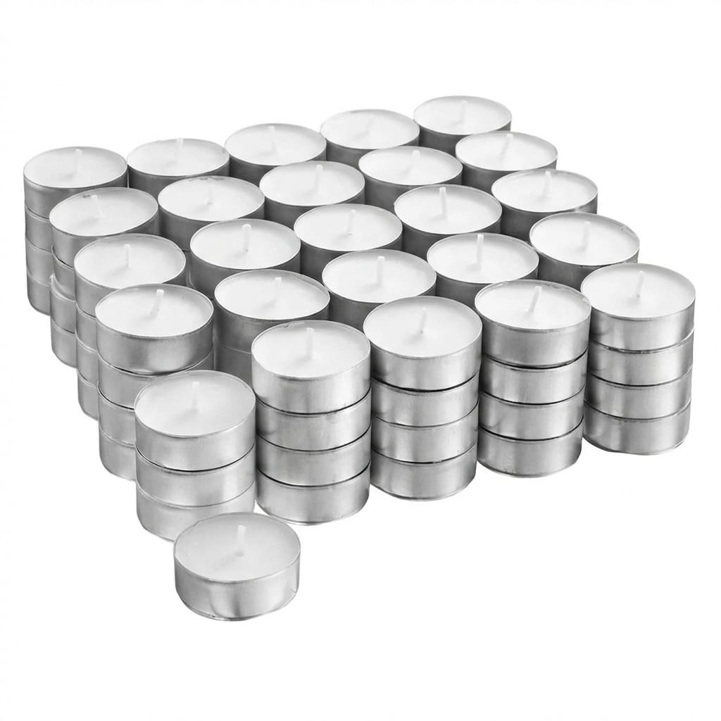 Set 100 lumanari tip pastila din ceara, inodore, timp de ardere 3 ore, 3,6 x 0,8 cm, alb