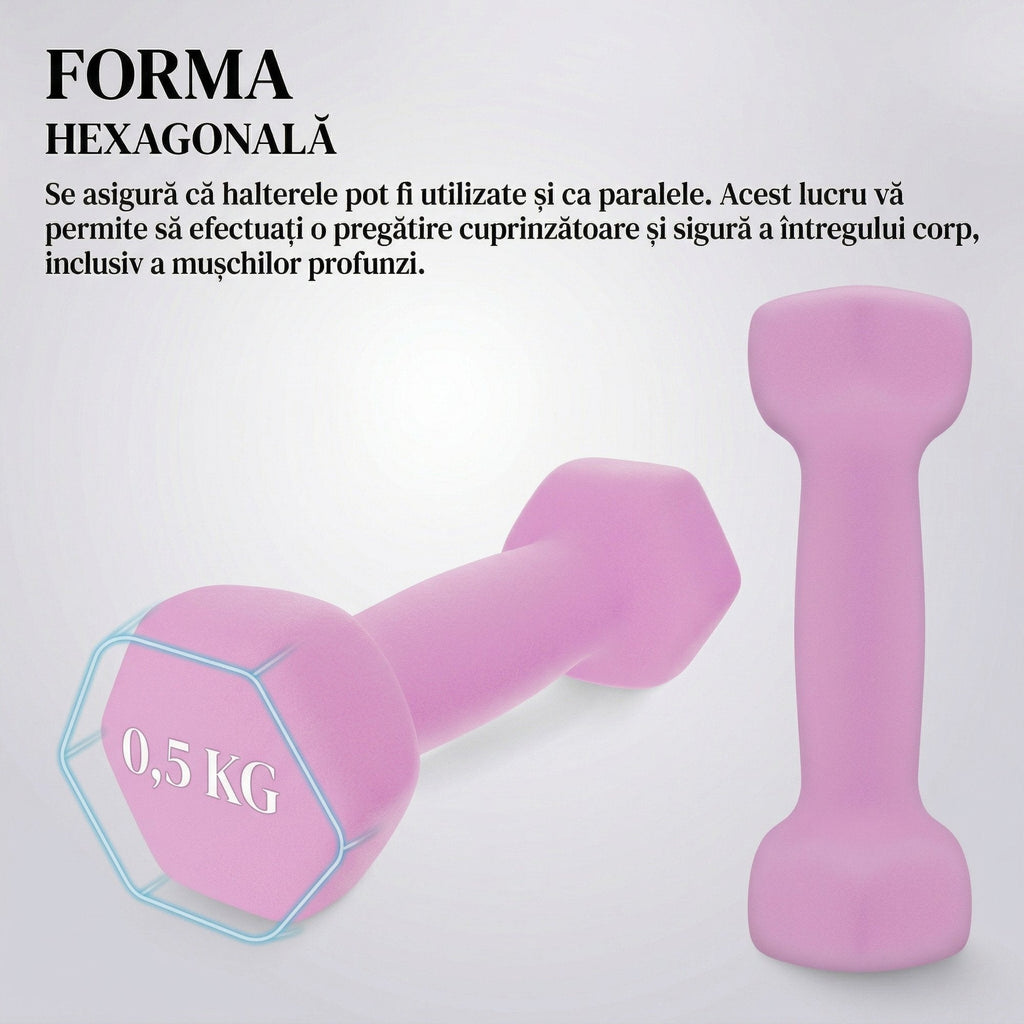 Set 2 Gantere Fitness din Fonta si Vinil, 2 x 0,5 kg, Roz