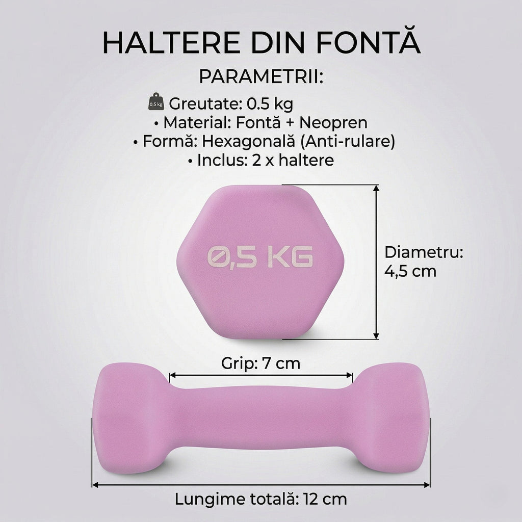 Set 2 Gantere Fitness din Fonta si Vinil, 2 x 0,5 kg, Roz