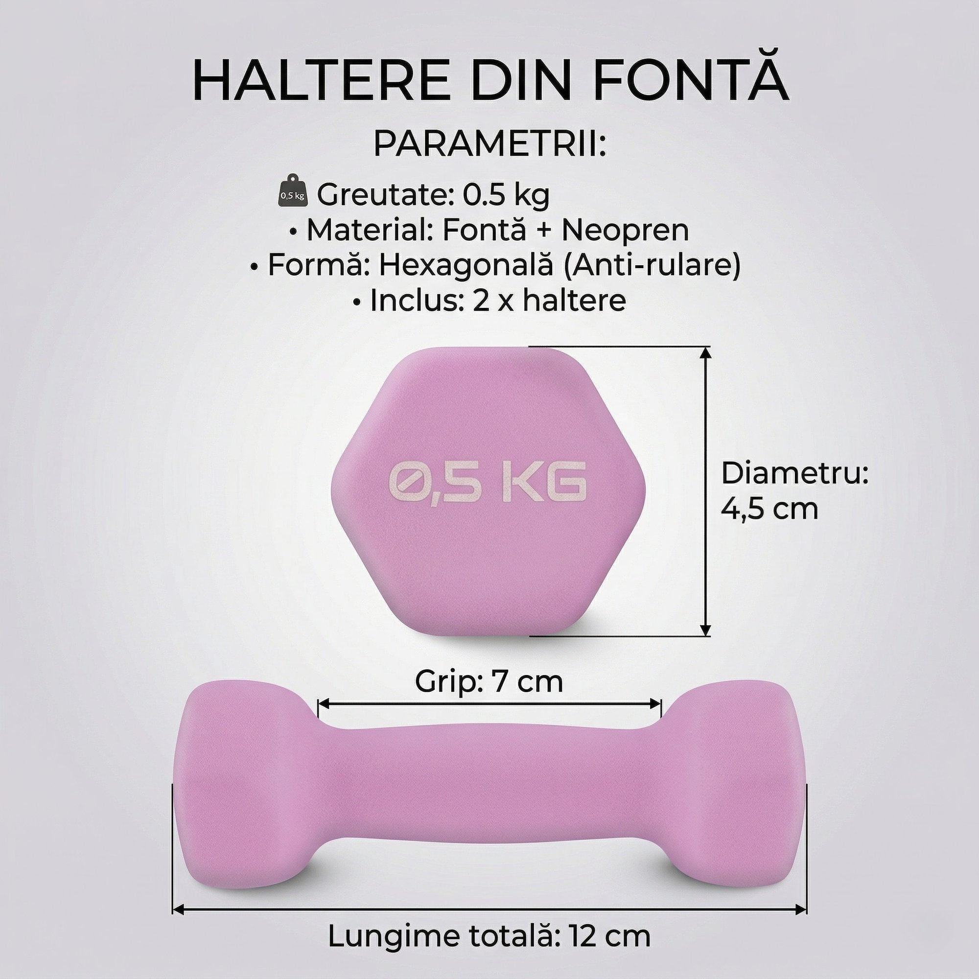 Set 2 Gantere Fitness din Fonta si Vinil, 2 x 0,5 kg, Roz