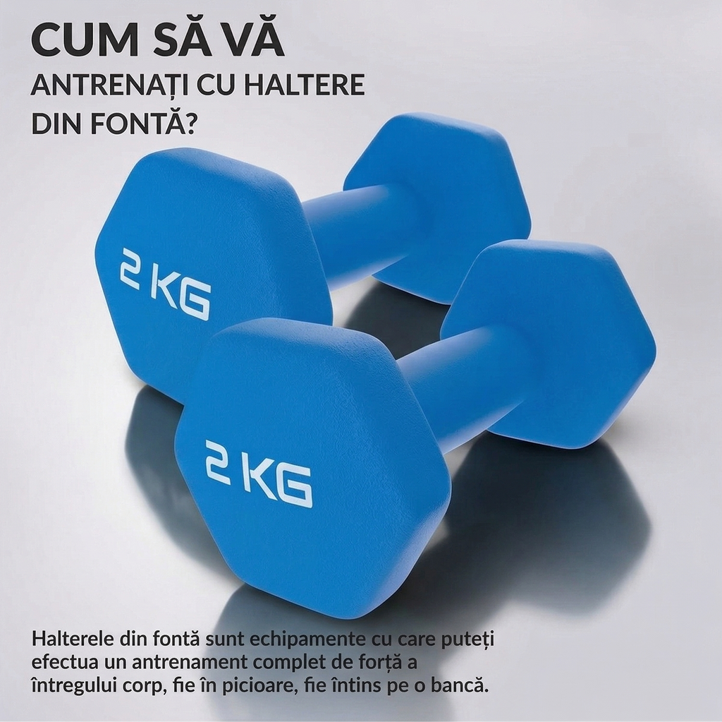 Set 2 Gantere Fitness din Fonta si Vinil, 2 x 2 kg, Albastru