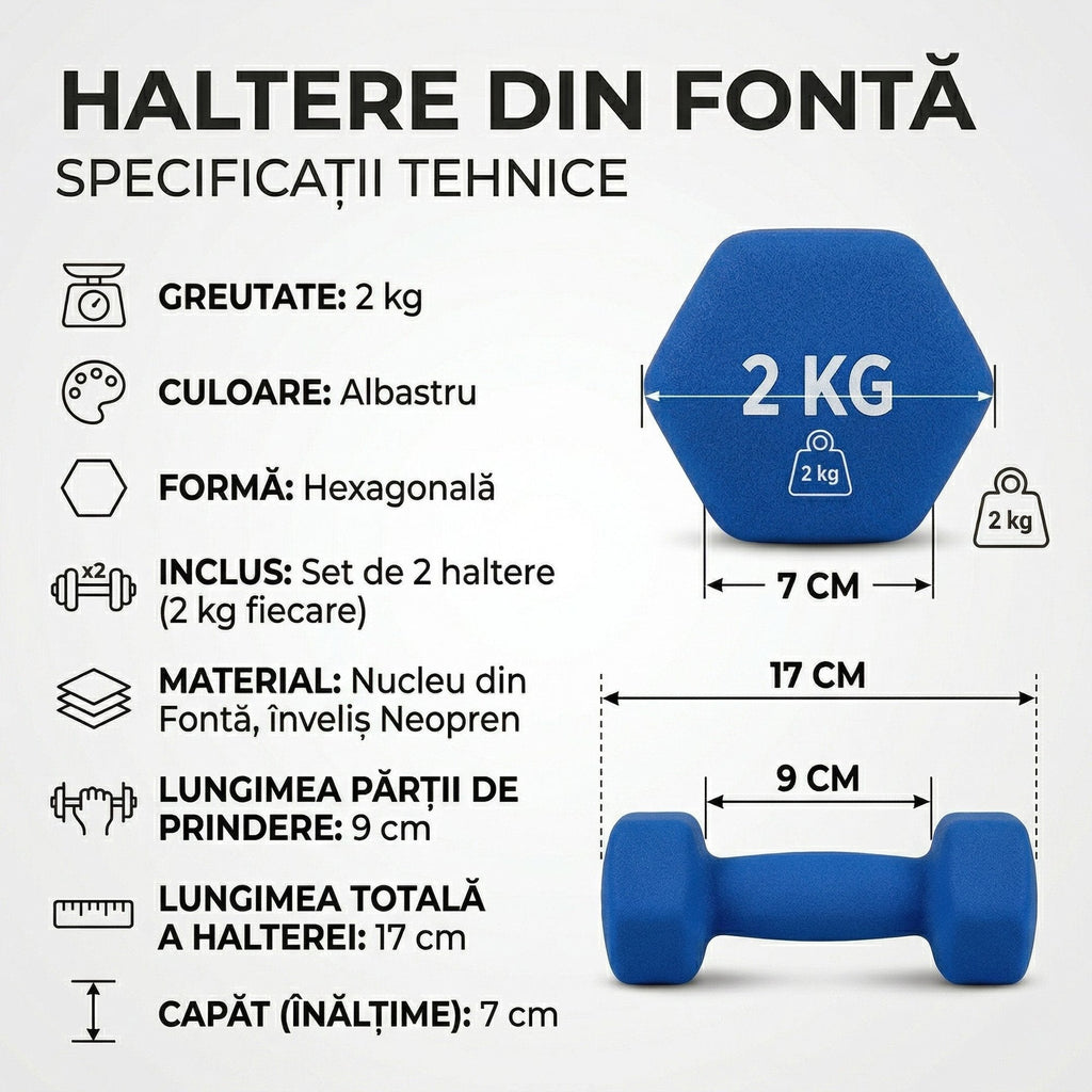 Set 2 Gantere Fitness din Fonta si Vinil, 2 x 2 kg, Albastru