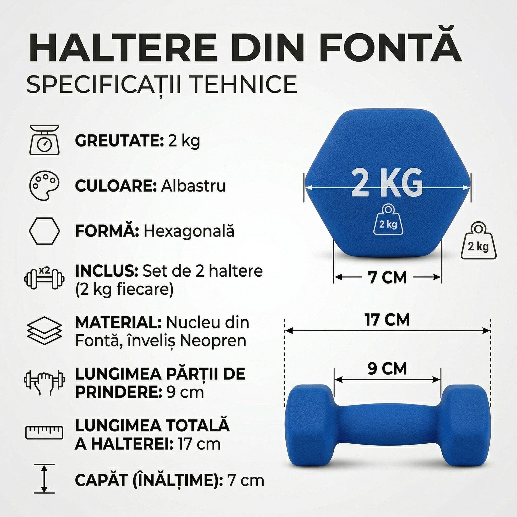 Set 2 Gantere Fitness din Fonta si Vinil, 2 x 2 kg, Albastru