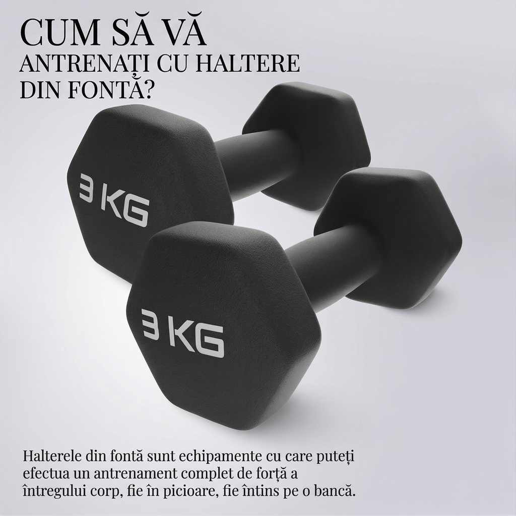 Set 2 Gantere Fitness din Fonta si Vinil – 2 x 3 kg, Negru
