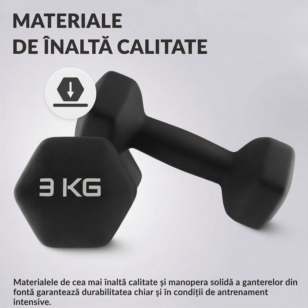 Set 2 Gantere Fitness din Fonta si Vinil – 2 x 3 kg, Negru