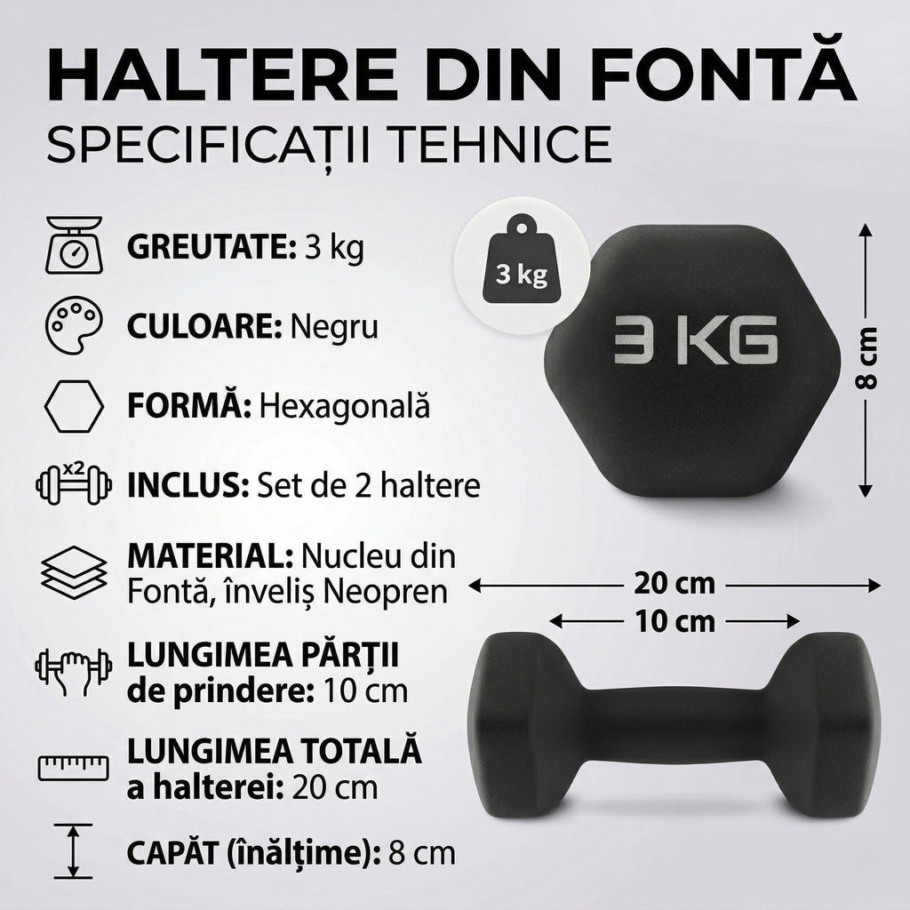 Set 2 Gantere Fitness din Fonta si Vinil – 2 x 3 kg, Negru