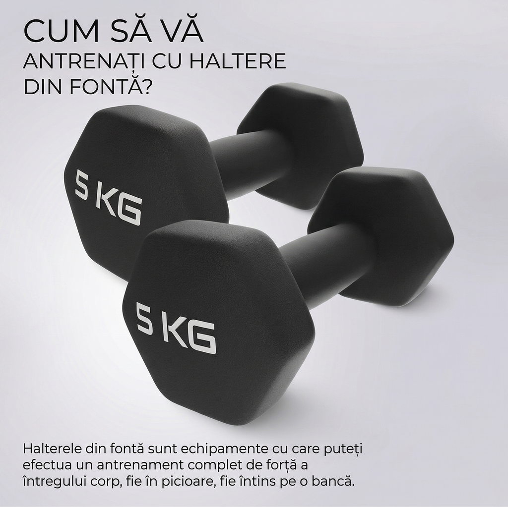 Set 2 Gantere Fitness din Fonta si Vinil – 2 x 5 kg, Negru