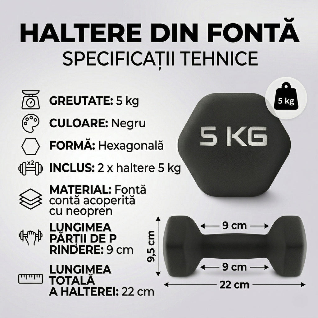 Set 2 Gantere Fitness din Fonta si Vinil – 2 x 5 kg, Negru