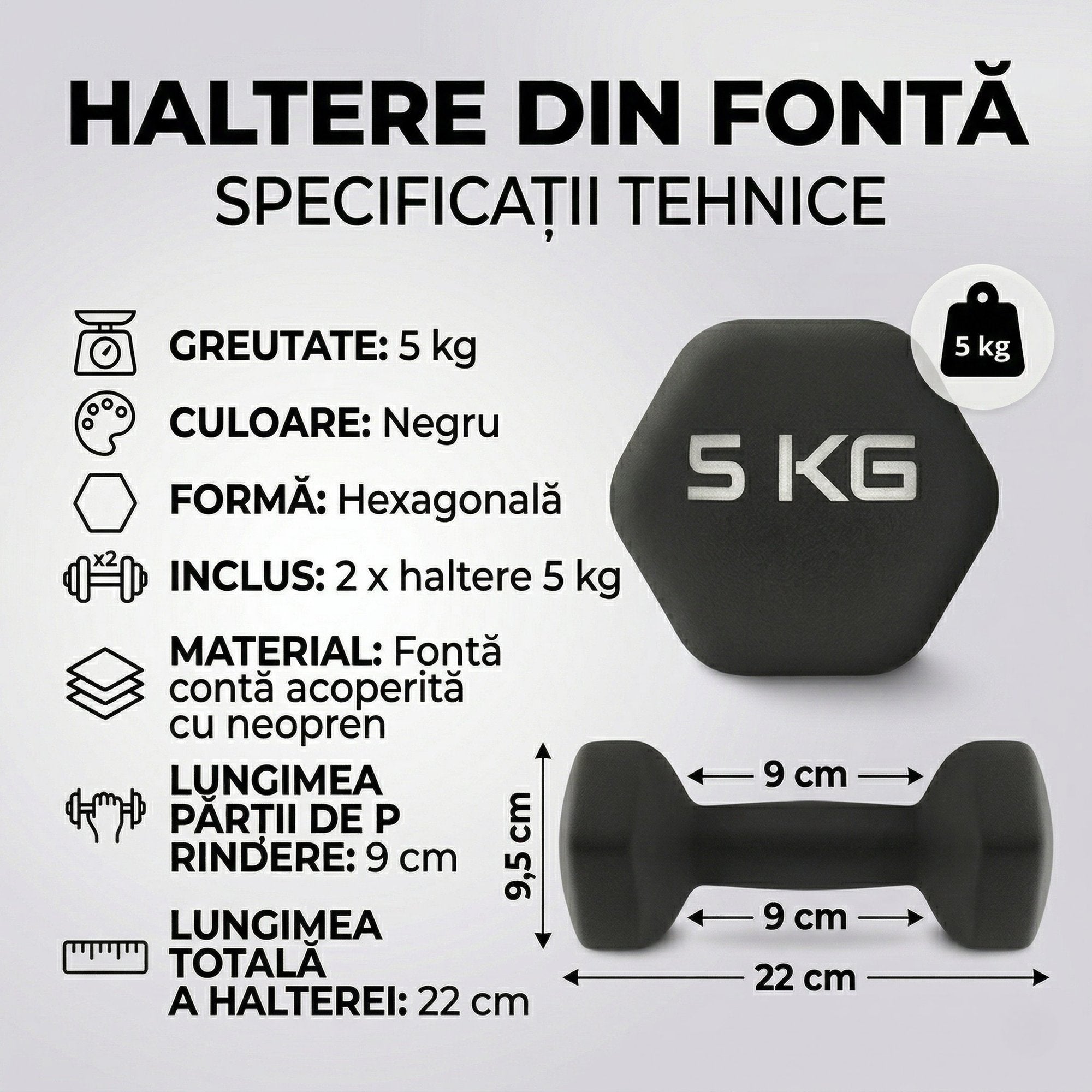 Set 2 Gantere Fitness din Fonta si Vinil – 2 x 5 kg, Negru