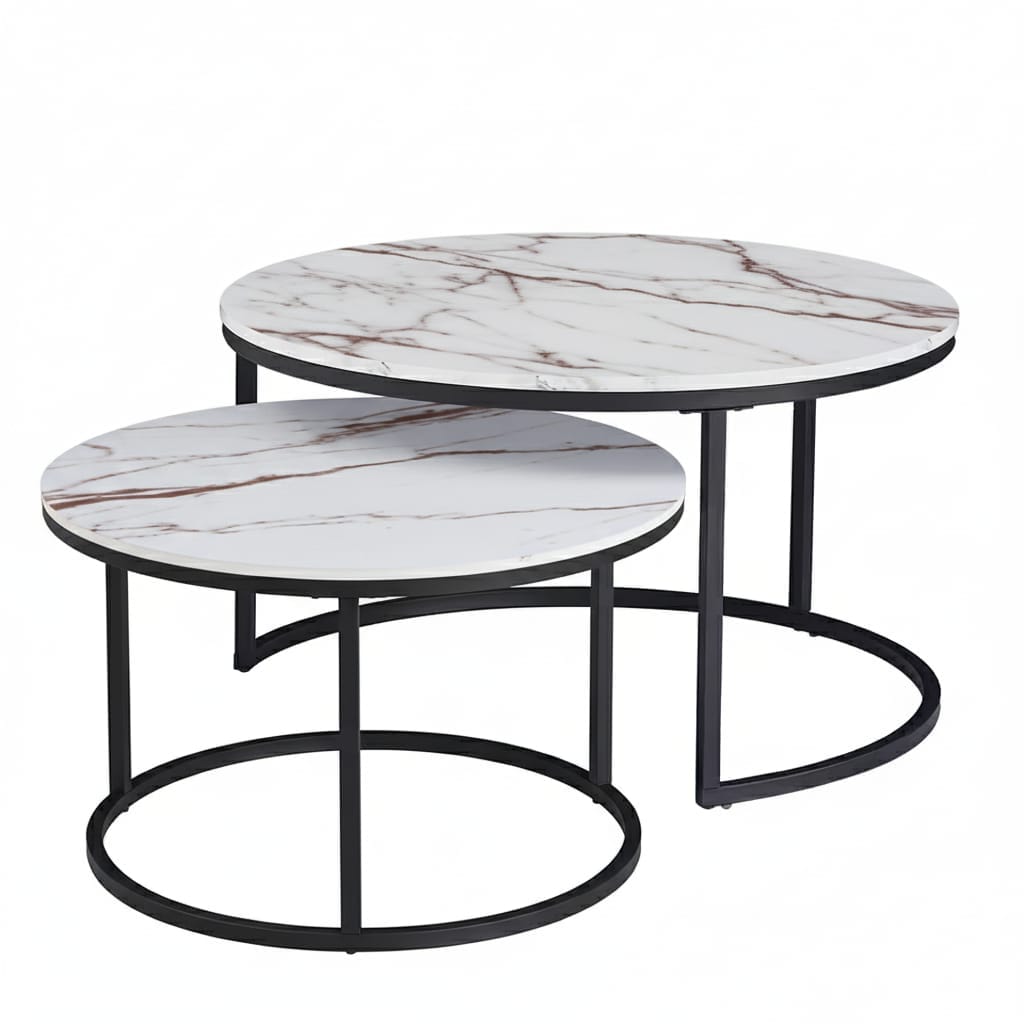 Set 2 Măsuțe de Cafea cu Efect Marmură, Alb, Diametru 80/60 cm, Design Compact