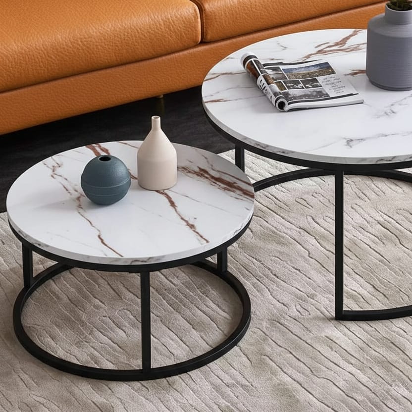 Set 2 Măsuțe de Cafea cu Efect Marmură, Alb, Diametru 80/60 cm, Design Compact