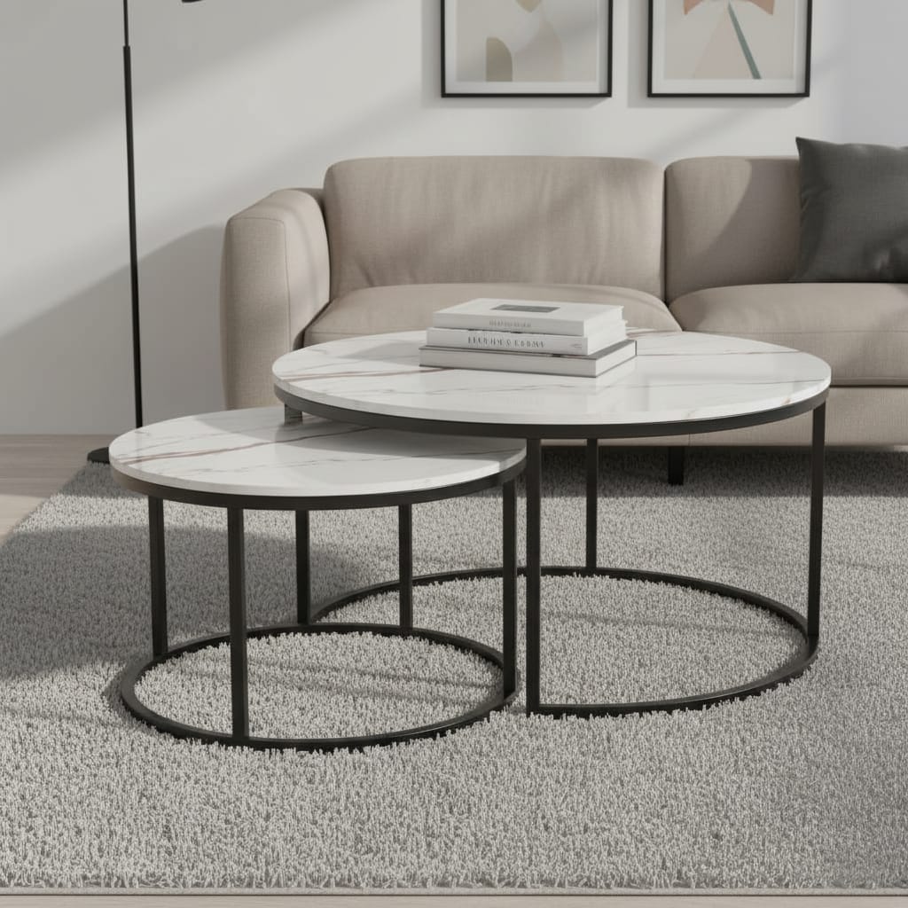 Set 2 Măsuțe de Cafea cu Efect Marmură, Alb, Diametru 80/60 cm, Design Compact