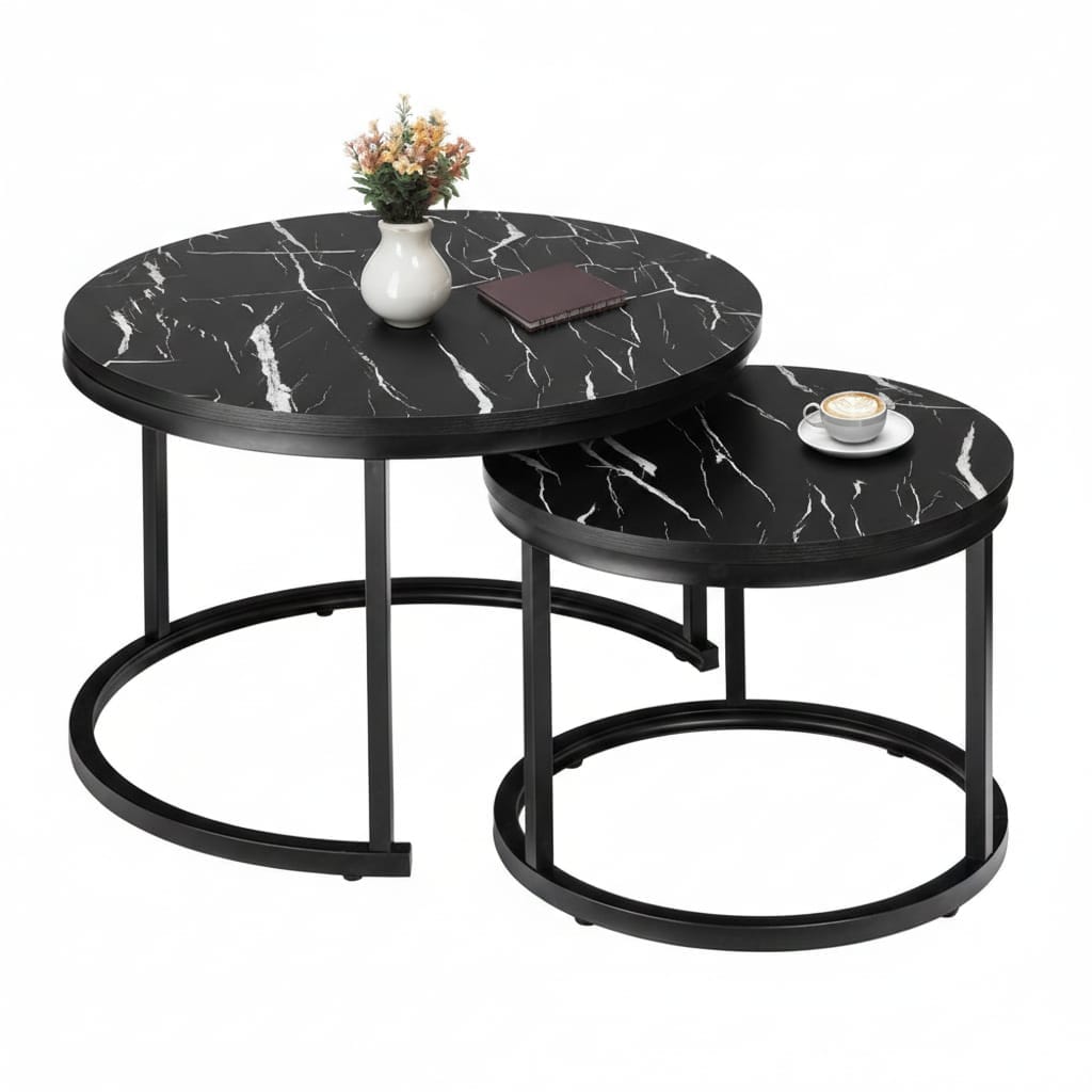 Set 2 Măsuțe de Cafea Negre cu Efect Marmură, Diametru 80/60 cm, Design Elegant