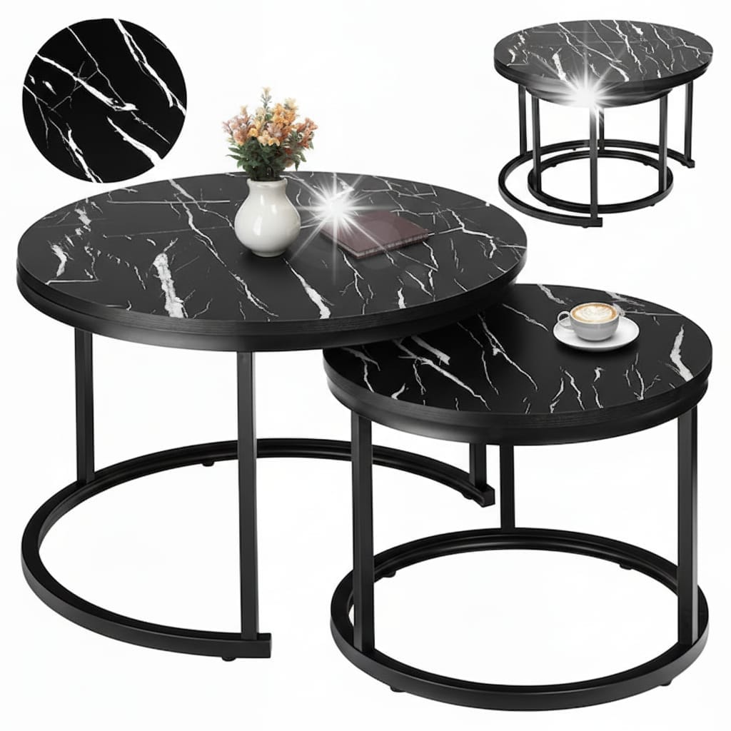 Set 2 Măsuțe de Cafea Negre cu Efect Marmură, Diametru 80/60 cm, Design Elegant