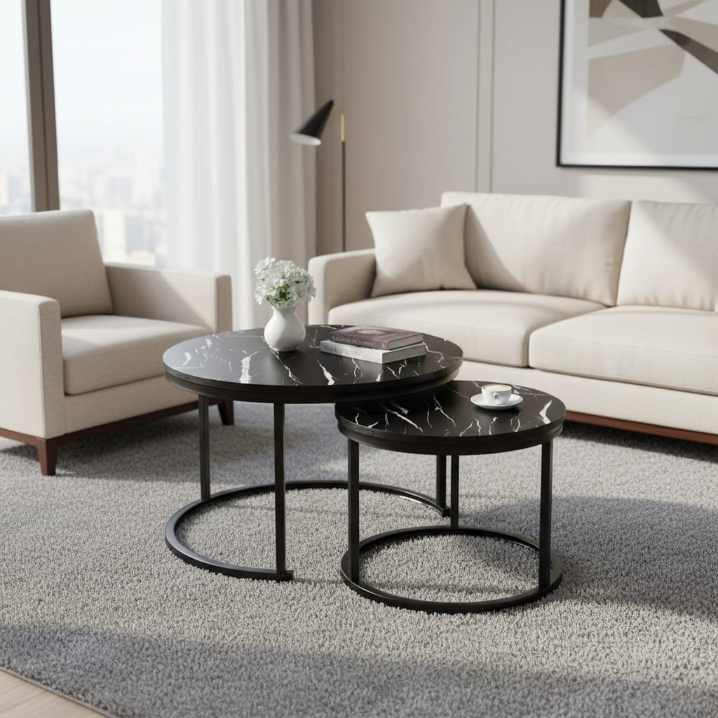Set 2 Măsuțe de Cafea Negre cu Efect Marmură, Diametru 80/60 cm, Design Elegant