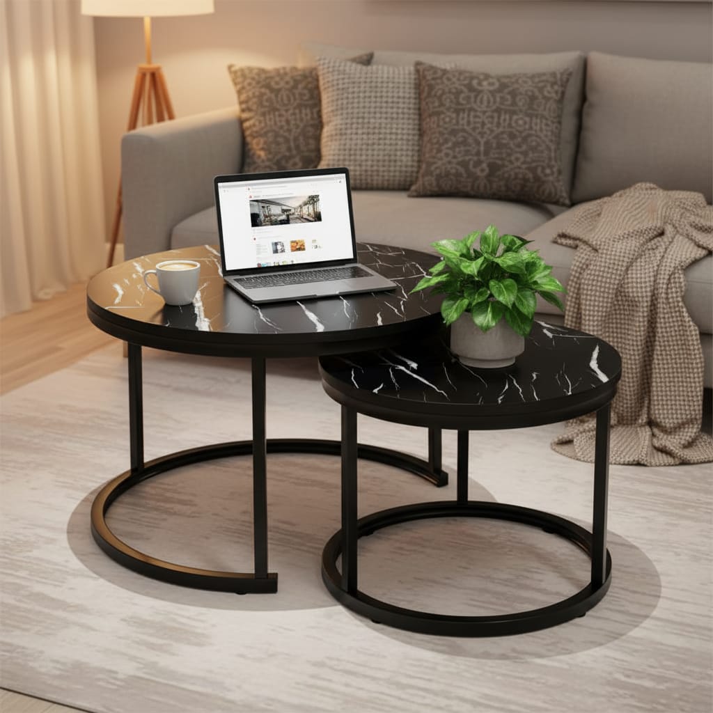 Set 2 Măsuțe de Cafea Negre cu Efect Marmură, Diametru 80/60 cm, Design Elegant