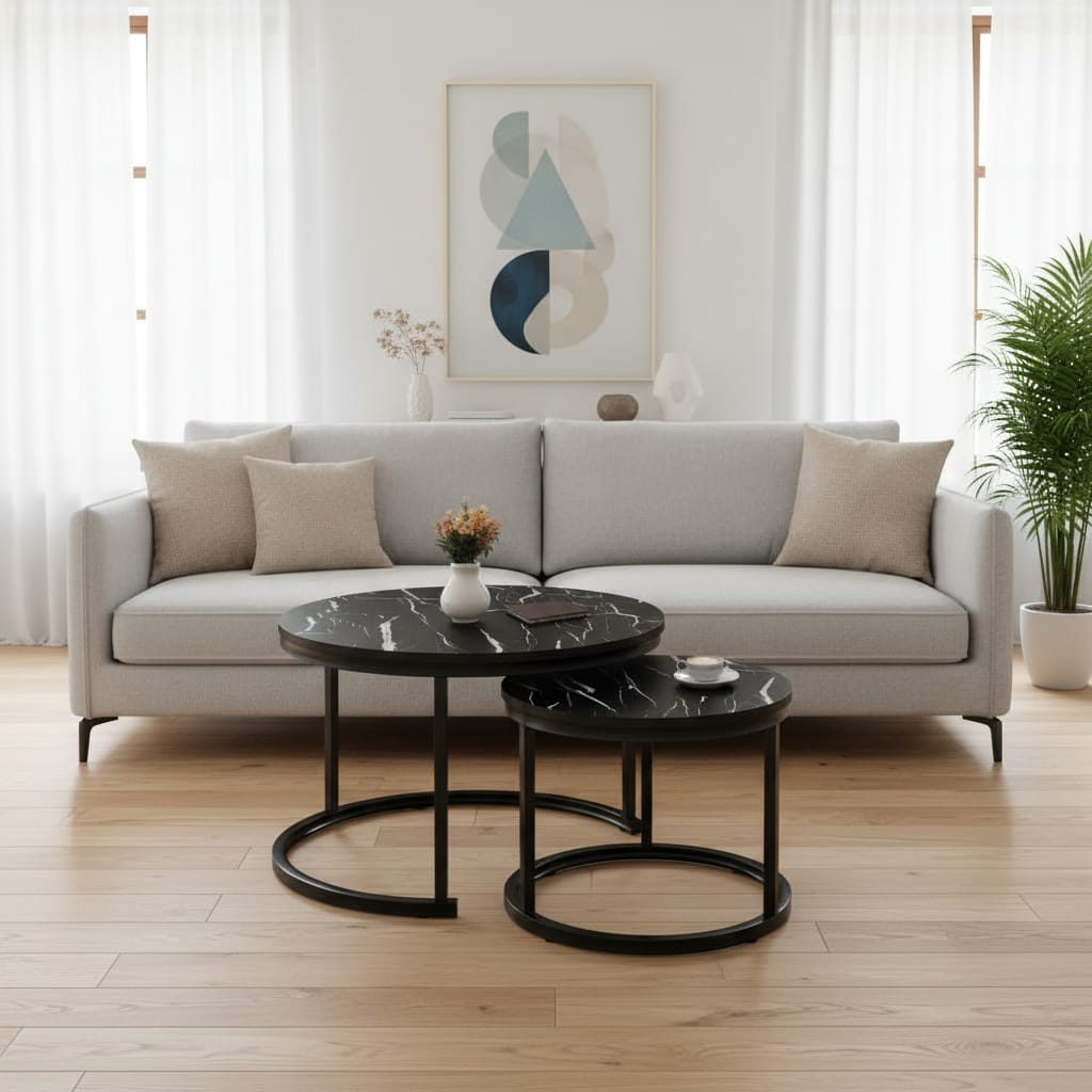 Set 2 Măsuțe de Cafea Negre cu Efect Marmură, Diametru 80/60 cm, Design Elegant