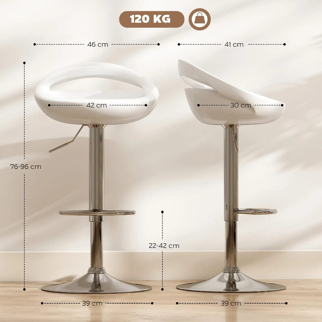 Set 2 Scaune de Bar Rotative ABS Alb, Reglabile 76-96 cm, Stabilitate si Confort