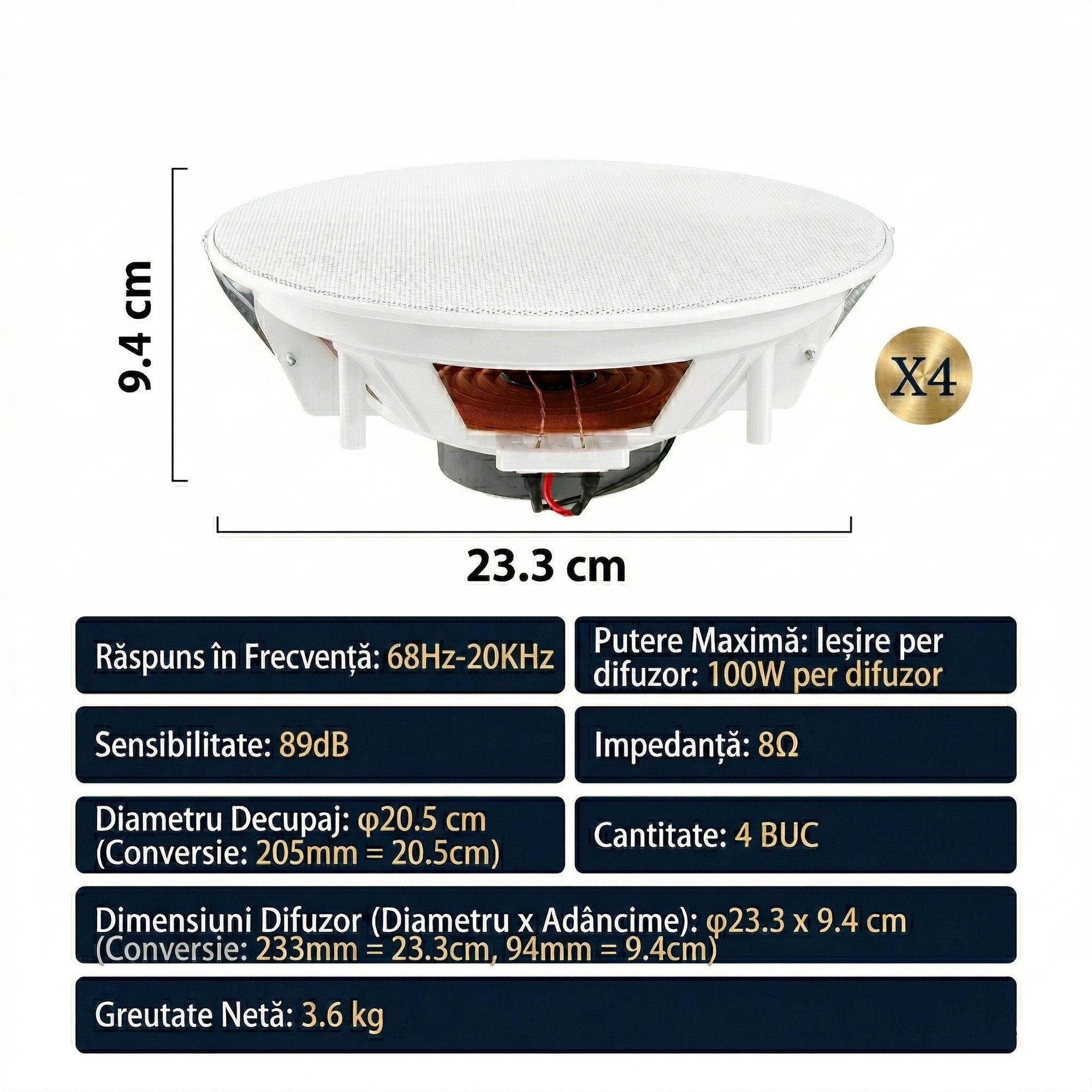 Set 4 Boxe Incastrabile pentru Tavan Si Perete – 8 inch, 20W, Alb
