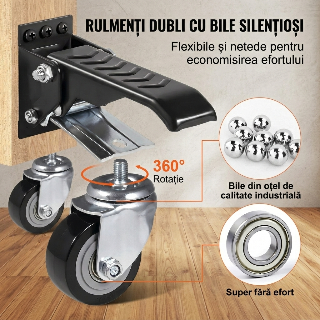Set 4 Roti Pivotante Retractabile pentru Banc de Lucru, 6.3 cm, Capacitate 74.8 kg, Rotire 360°, Montare Laterala cu Pedala