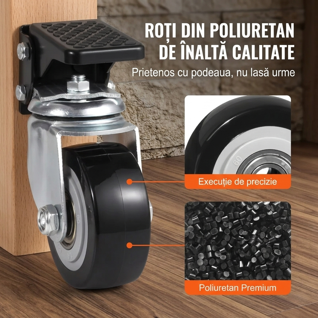 Set 4 Roti Pivotante Retractabile pentru Banc de Lucru, 6.3 cm, Capacitate 74.8 kg, Rotire 360°, Montare Laterala cu Pedala