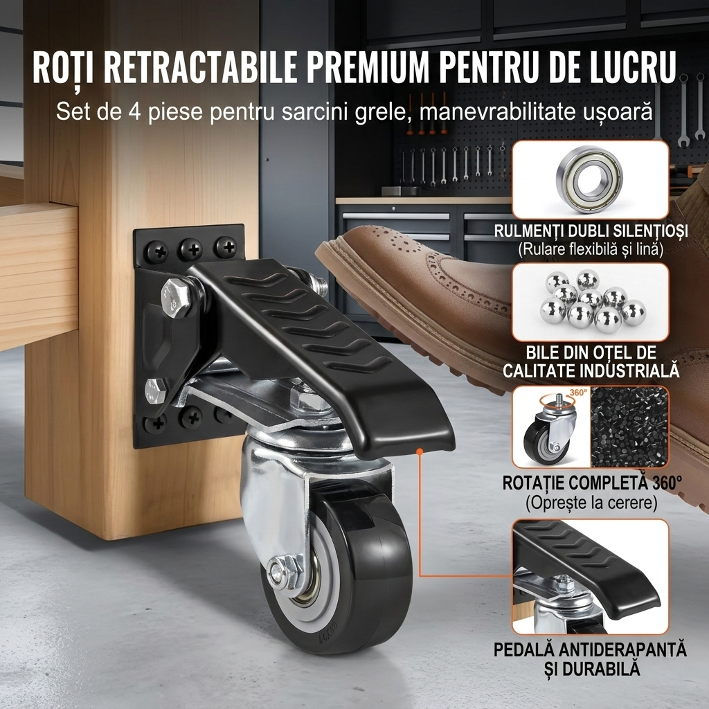 Set 4 Roti Pivotante Retractabile pentru Banc de Lucru, 6.3 cm, Capacitate 74.8 kg, Rotire 360°, Montare Laterala cu Pedala