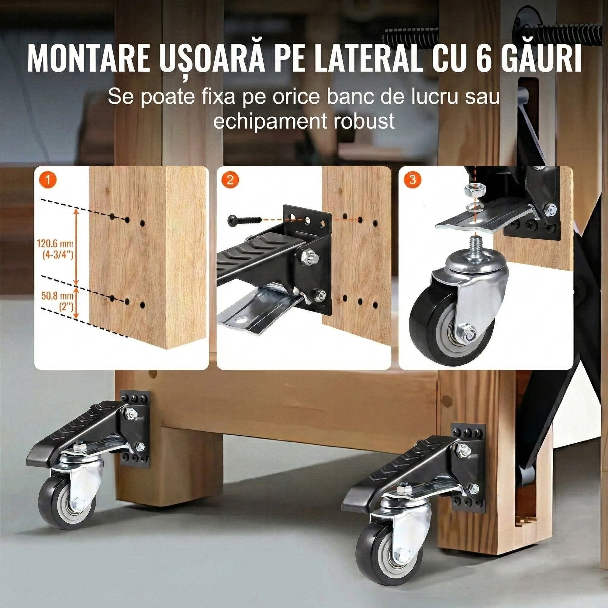 Set 4 Roti Pivotante Retractabile pentru Banc de Lucru, 6.3 cm, Capacitate 74.8 kg, Rotire 360°, Montare Laterala cu Pedala