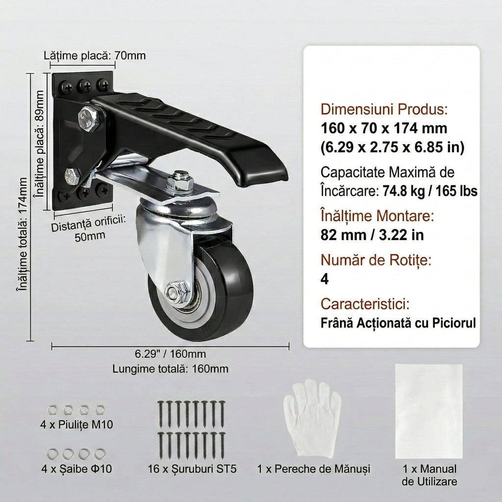 Set 4 Roti Pivotante Retractabile pentru Banc de Lucru, 6.3 cm, Capacitate 74.8 kg, Rotire 360°, Montare Laterala cu Pedala