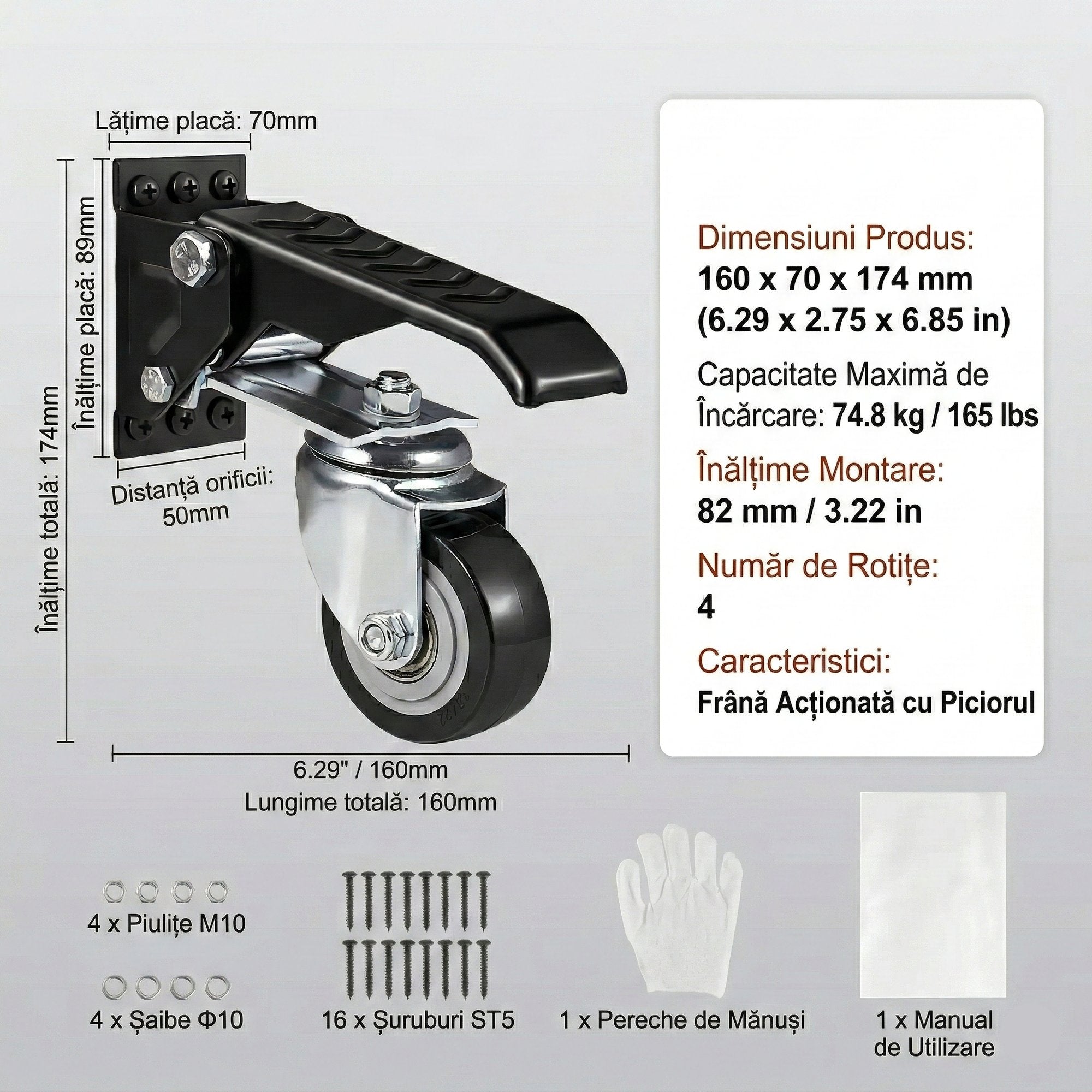 Set 4 Roti Pivotante Retractabile pentru Banc de Lucru, 6.3 cm, Capacitate 74.8 kg, Rotire 360°, Montare Laterala cu Pedala