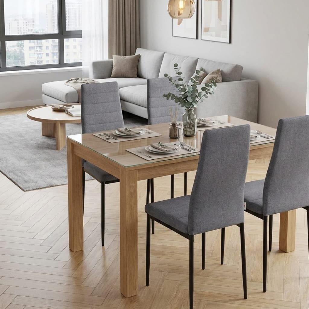Set 4 Scaune Living, Tapitate Textil, Picioare Metal, Design Ergonomic, Gri