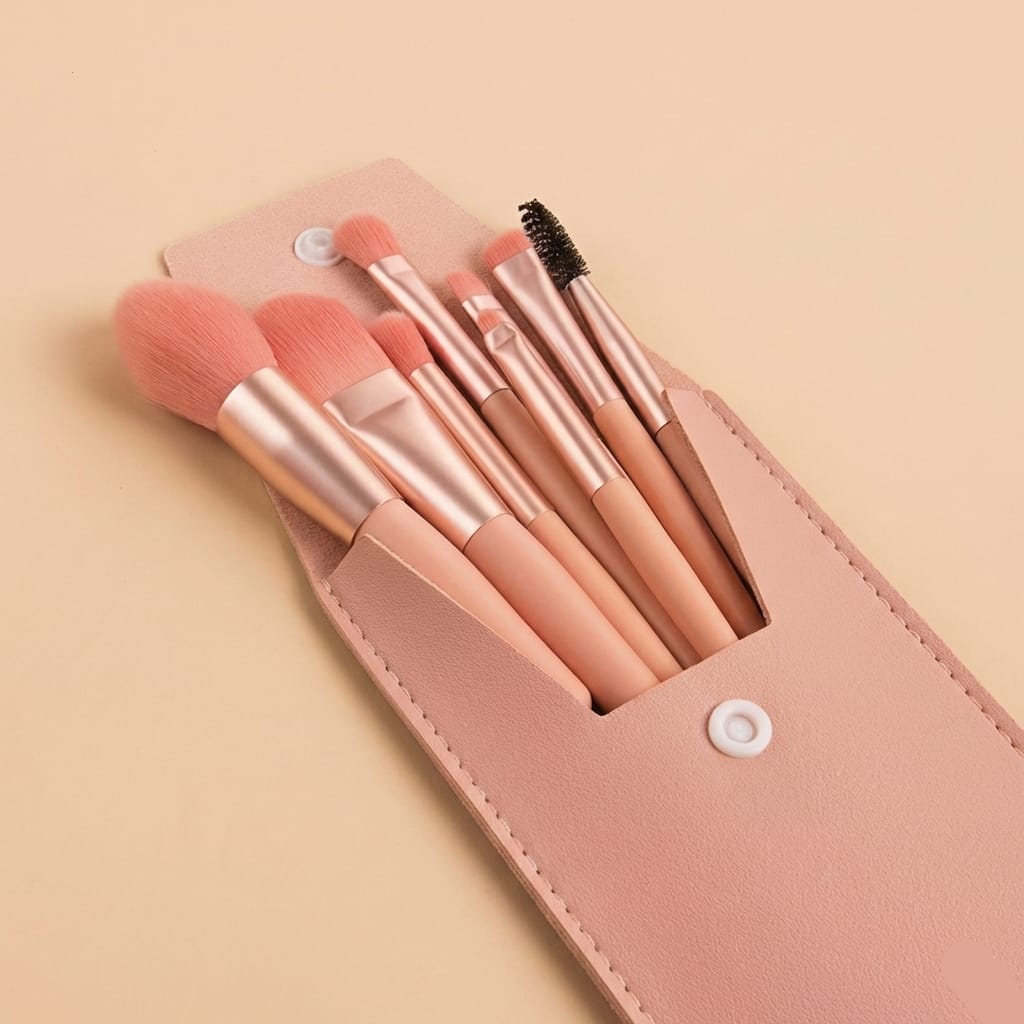 Set 8 mini pensule pentru machiaj, profesionale si pentru incepatori, portabile, roz