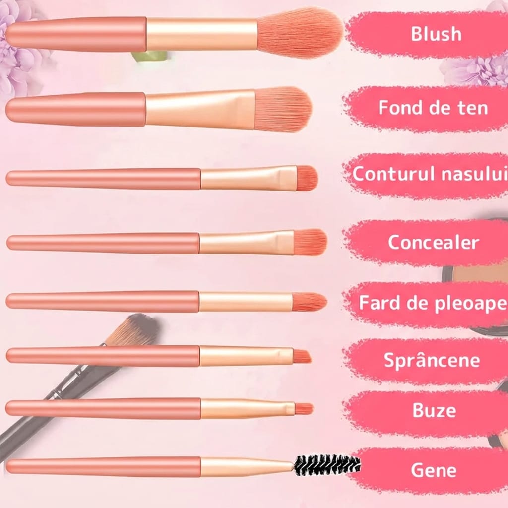 Set 8 mini pensule pentru machiaj, profesionale si pentru incepatori, portabile, roz