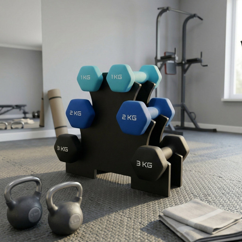Set Gantere Fitness 12 kg cu Suport – 6 Greutati din Fonta si PVC