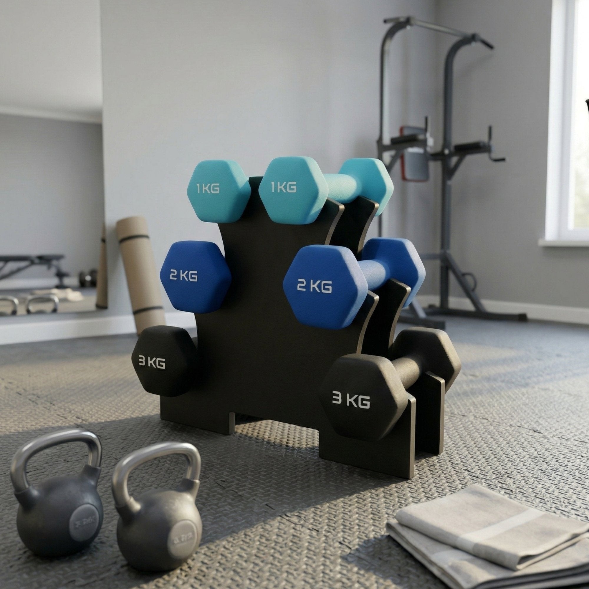 Set Gantere Fitness 12 kg cu Suport – 6 Greutati din Fonta si PVC